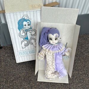 Vintage Yvonne Marie Dolls Purple and Cream Clown Jester Doll with Box